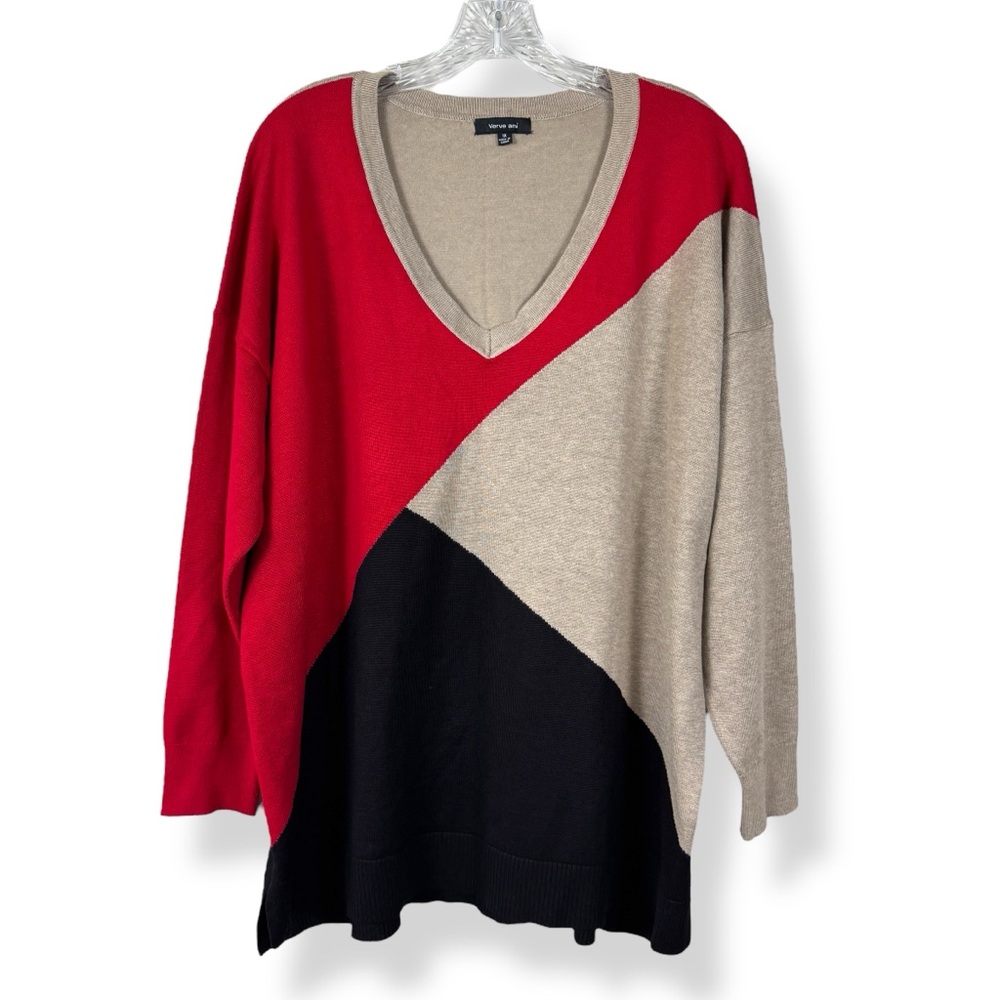 Verve‎ Ami Sweater Womens Size 1X Red Beige Black V-neck